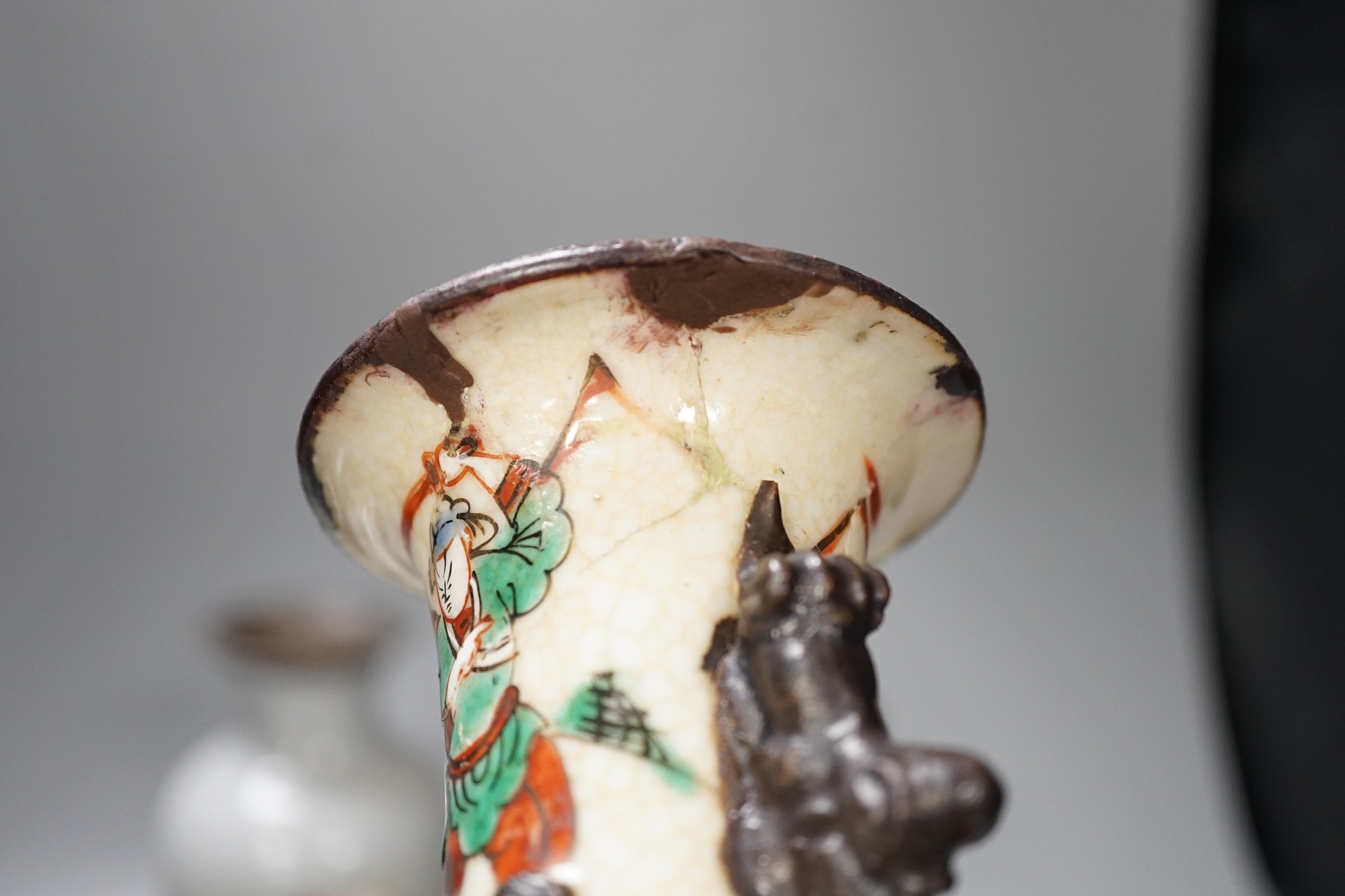 A group of 19th century Chinese porcelain dishes and a vase, and a Japanese ‘bird’ carving etc.